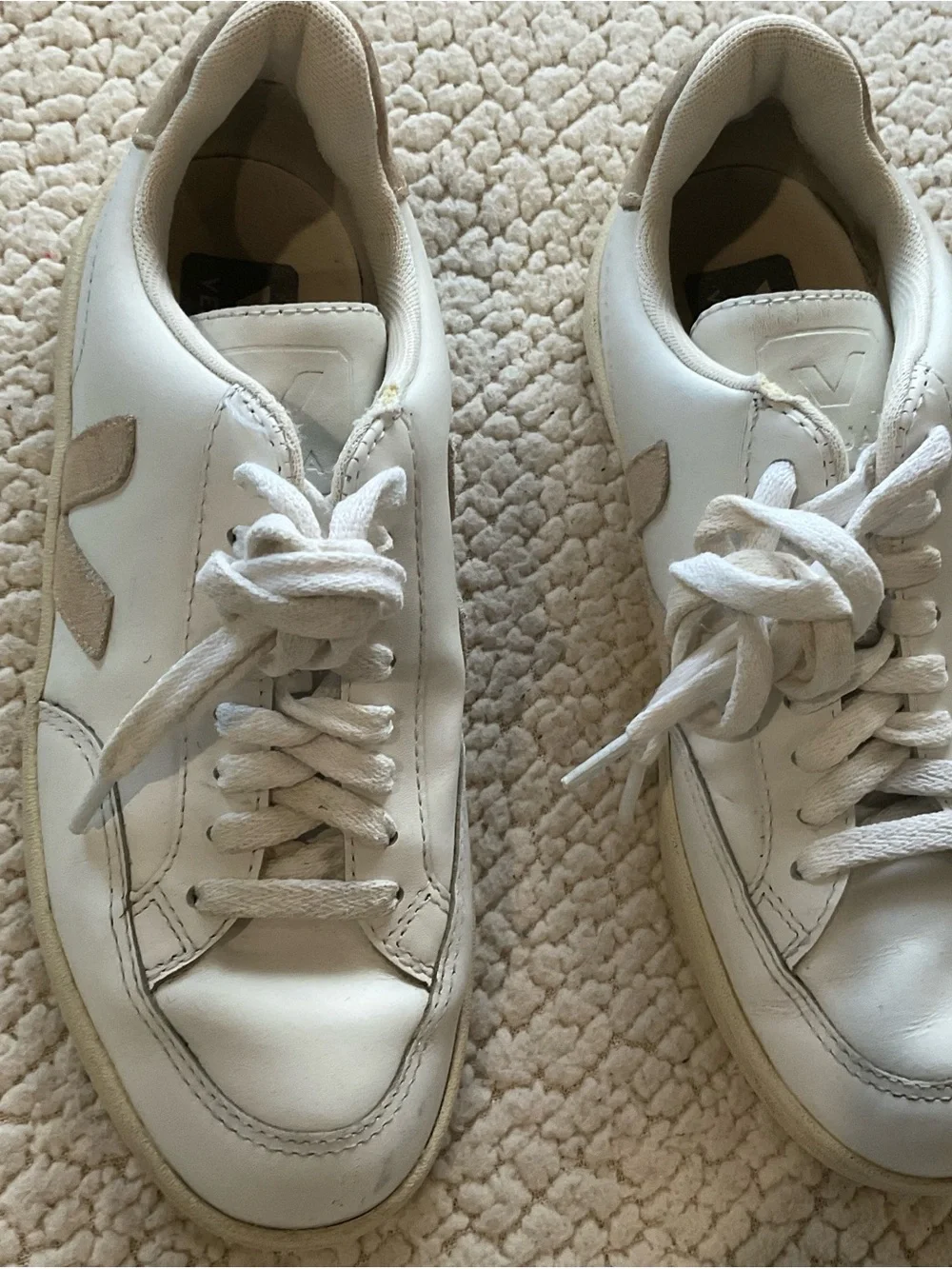 Veja Volley White Leather Sneakers with Beige Suede V Accent